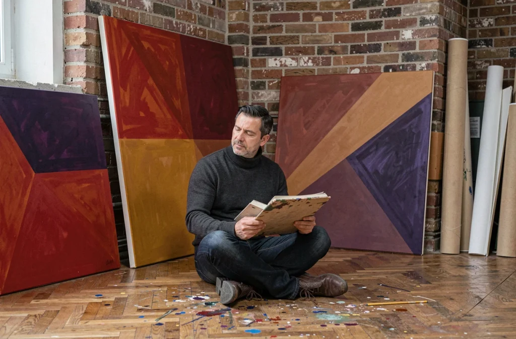 Homme assis face à plusieurs peintures abstraites dans un atelier d'artiste authentique