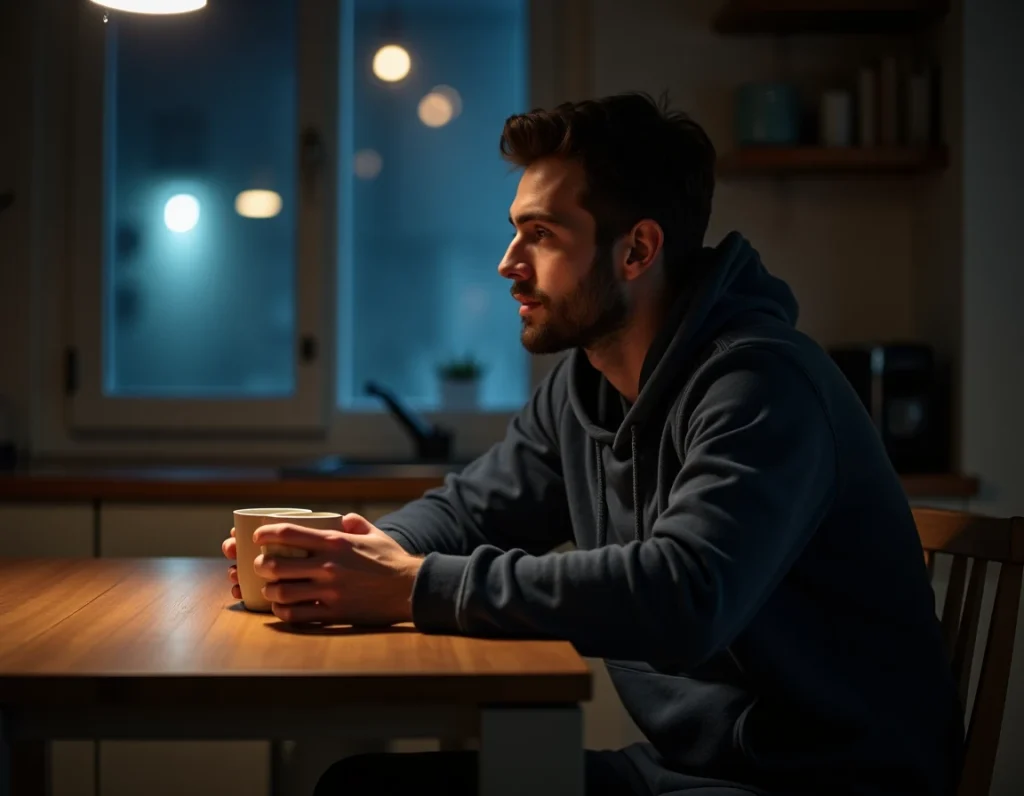 Homme seul la nuit à la cuisine tenant une tasse, regard perdu par la fenêtre, signes de pensées obsédantes nocturnes