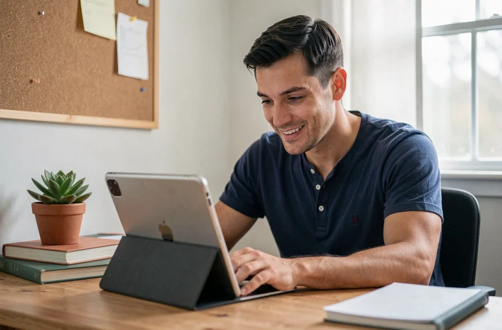 Homme consultant une tablette dans un bureau à domicile pour récupérer ses dés gratuits quotidiens sur Monopoly GO
