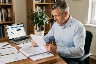 Homme consultant des documents administratifs pour l'immatriculation d'un véhicule importé à son bureau