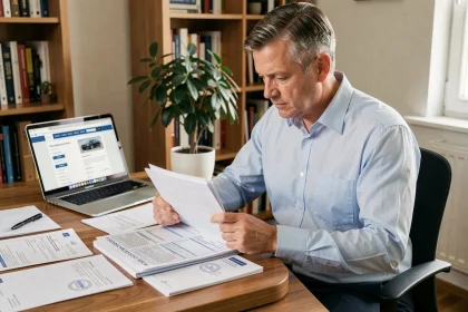 Homme consultant des documents administratifs pour l'immatriculation d'un véhicule importé à son bureau