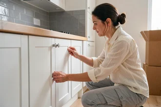 Femme installant des meubles bas de cuisine équipée dans un appartement locatif en cours d'aménagement