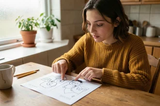 Jeune femme étudiant un jeu des différences imprimé sur papier à une table en bois, pointant une erreur sur deux illustrations similaires