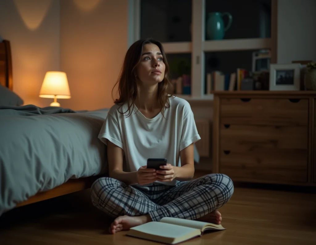Jeune femme assise sur le sol la nuit avec son téléphone, air anxieux et distrait, signe qu'une personne pense à elle