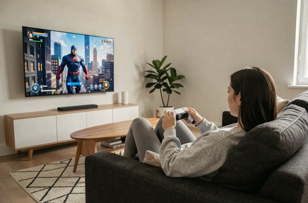 Jeune femme jouant à Spider-Man Miles Morales sur PlayStation 5 dans un salon moderne avec manette DualSense