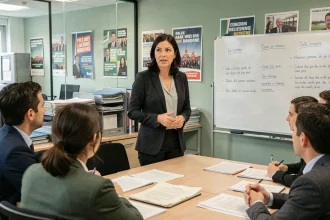 Secrétaire nationale d'un parti politique écologiste animant une réunion interne avec ses collaborateurs dans un bureau de parti