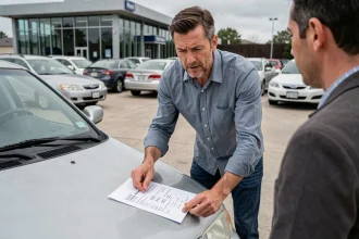 Un homme négocie le prix d'une voiture d'occasion avec un vendeur dans un lot de concessionnaire