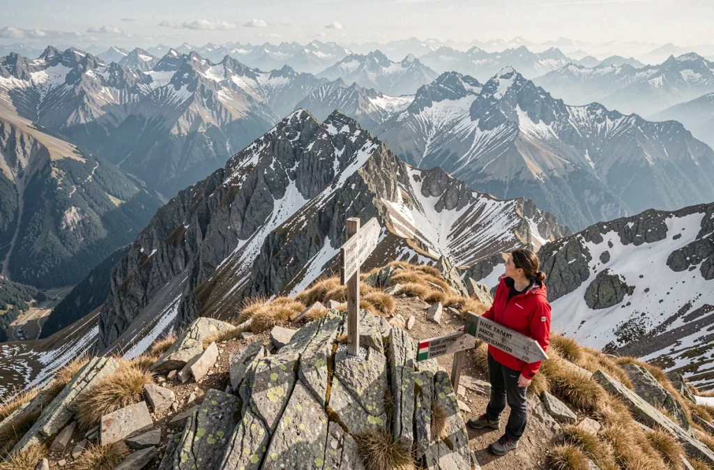 Randonneuse observant le panorama des massifs montagneux des Alpes françaises depuis un sommet
