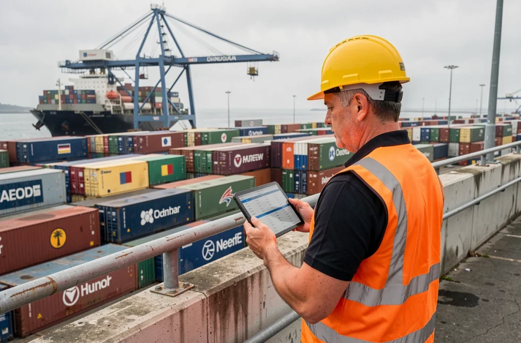 Agent logistique dans un port de commerce international entouré de conteneurs d'exportation illustrant la dotation factorielle dans le commerce mondial