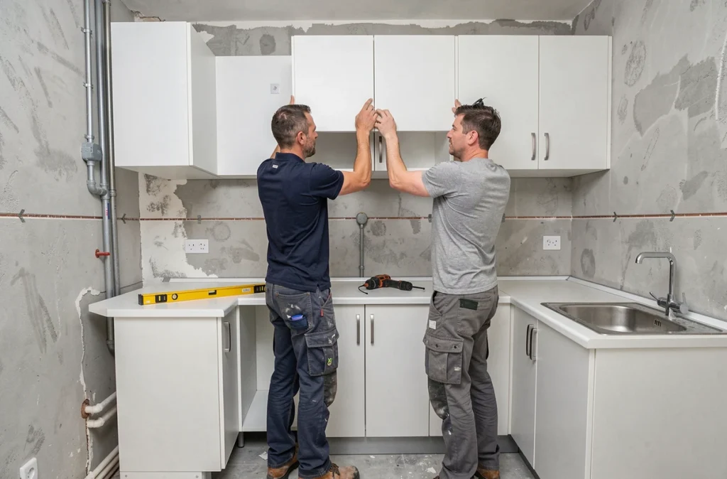 Deux artisans posant un meuble haut de cuisine équipée dans un appartement locatif en rénovation