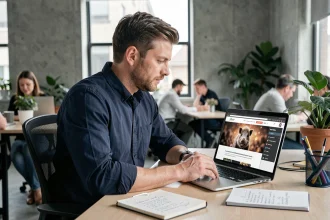 Professionnel du marketing analysant une stratégie virale Netflix sur son ordinateur portable dans un espace de coworking moderne