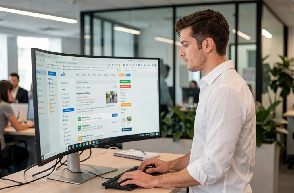 Professionnel recherchant la nouvelle adresse d'un site web sur grand écran dans un open space moderne