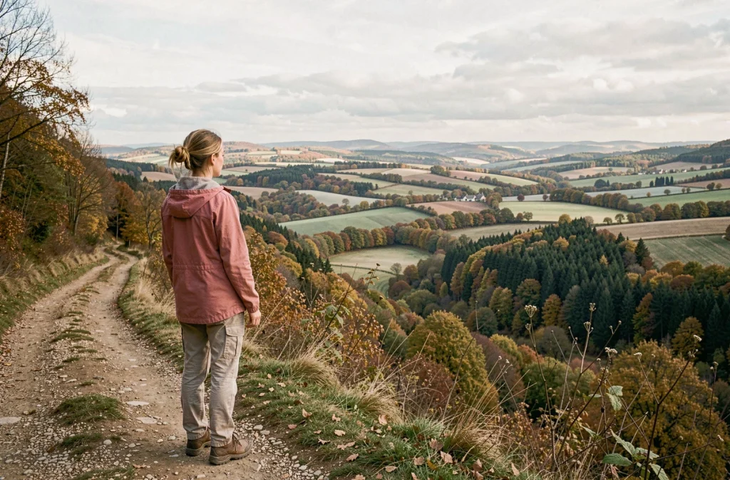 Femme admirant le panorama des collines de la Creuse sur un sentier de randonnée près de Saint-Goussaud en France