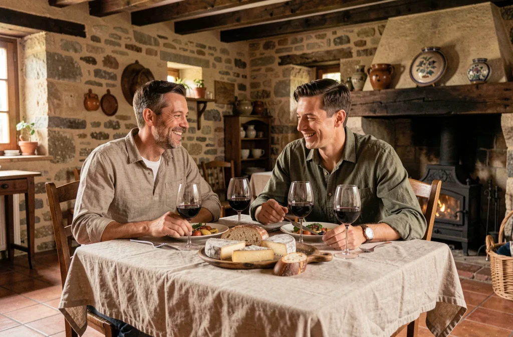 Couple savourant un repas traditionnel dans un gîte rustique en pierre près de Saint-Goussaud en Creuse, France