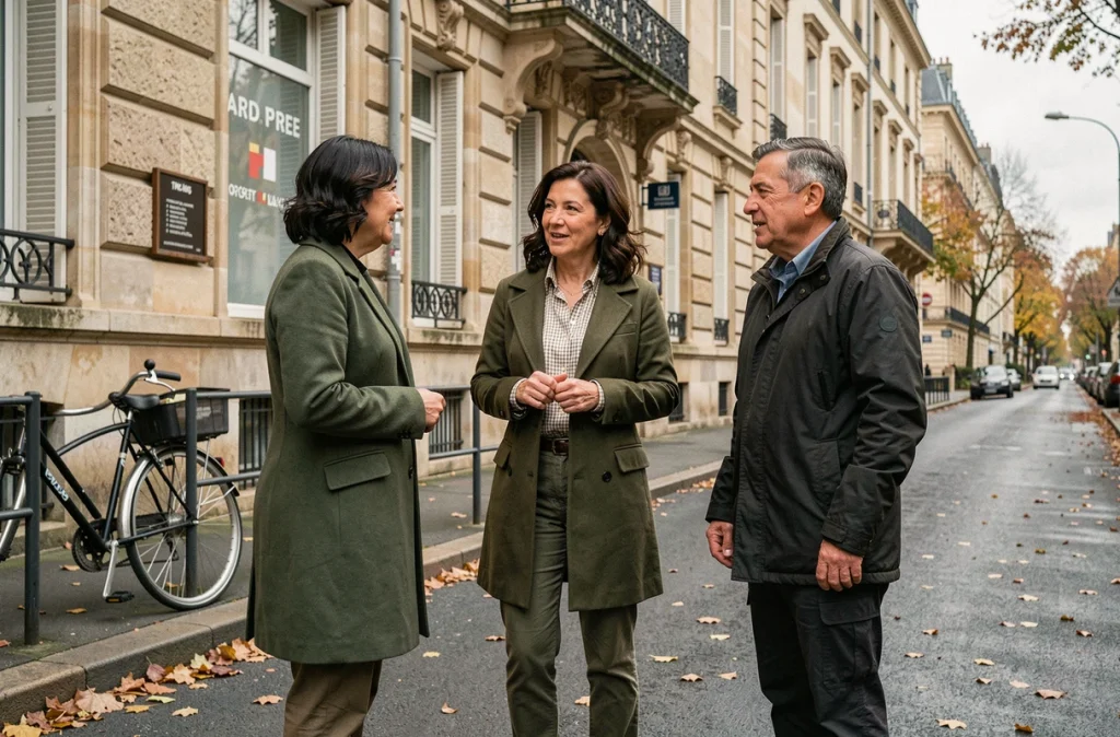 Responsable politique écologiste échangeant avec des militants devant le local de son parti dans une rue française en automne