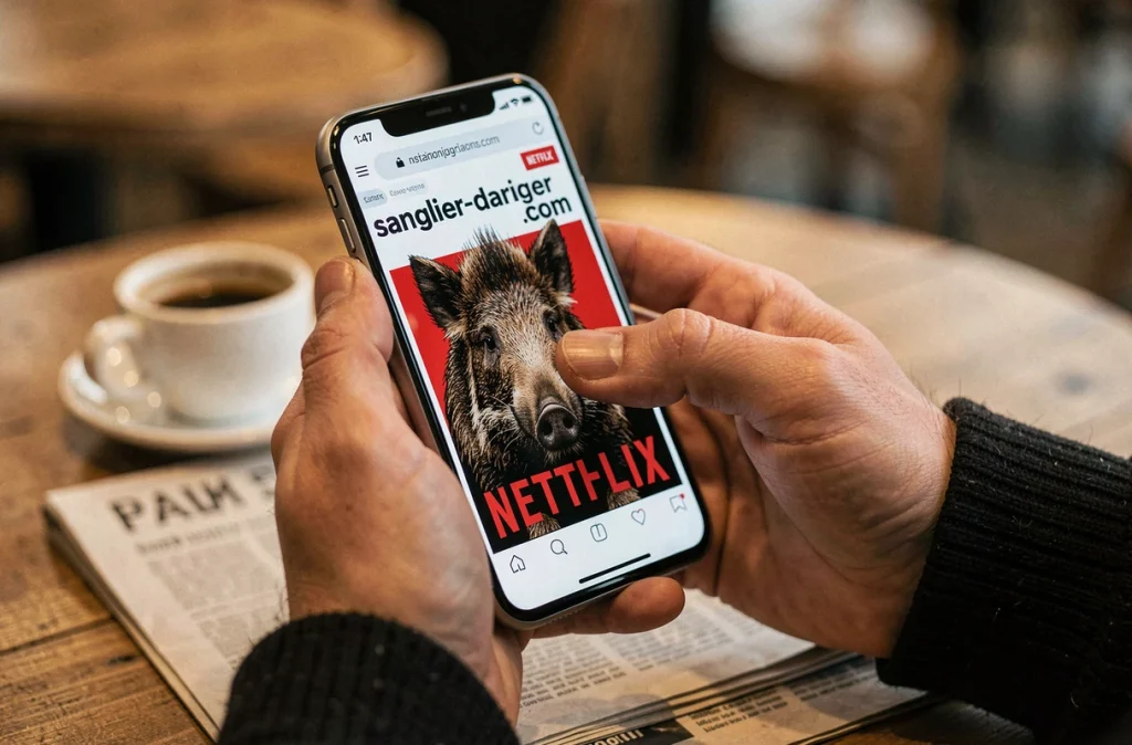 Smartphone affichant un site web viral à l'identité Netflix dans un café, illustrant une stratégie de marketing digital astucieuse
