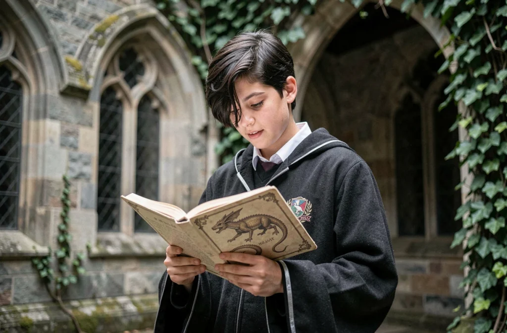 Jeune sorcier en robes de Poudlard tenant un grimoire illustré de dragons dans une cour gothique en pierre