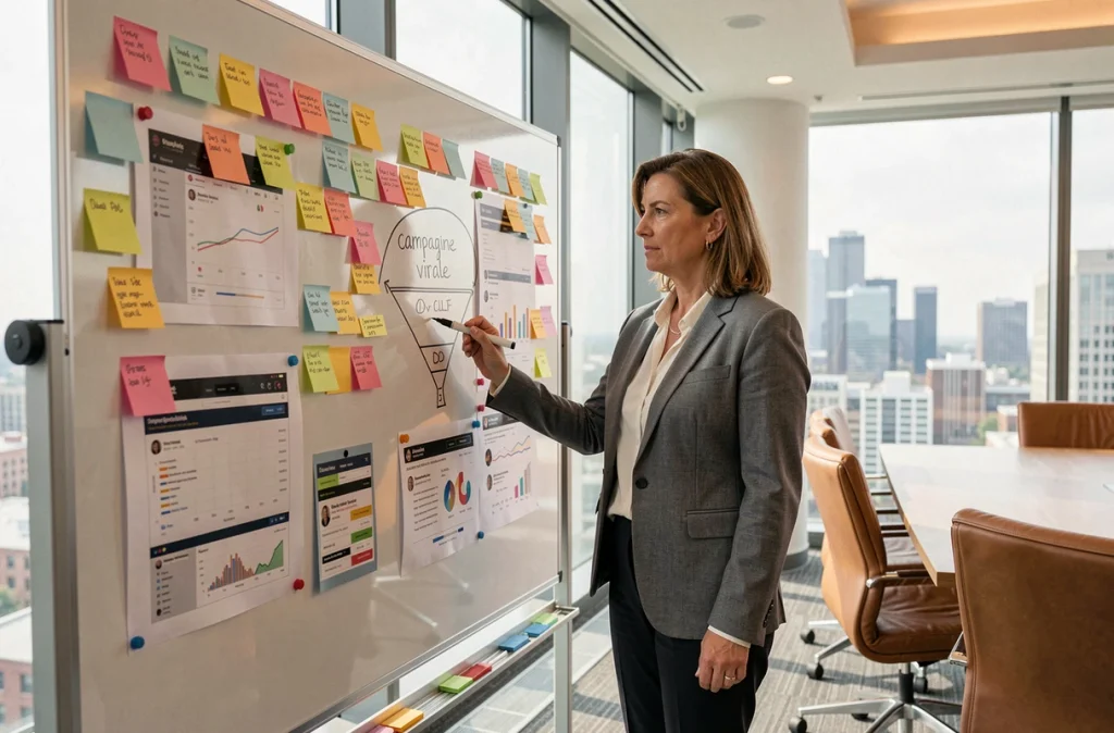 Stratège en contenu présentant une analyse de campagne marketing virale Netflix devant un tableau de conférence