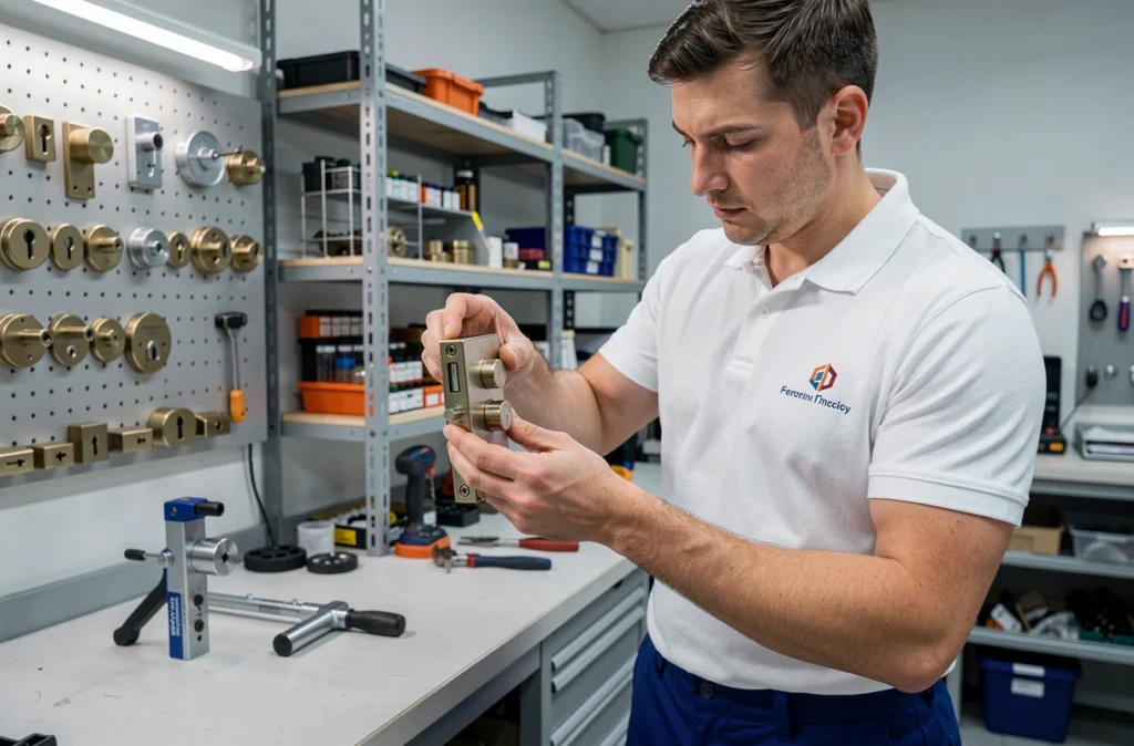 Technicien de 3D Serrure inspectant un mécanisme de serrure haute sécurité dans un atelier professionnel