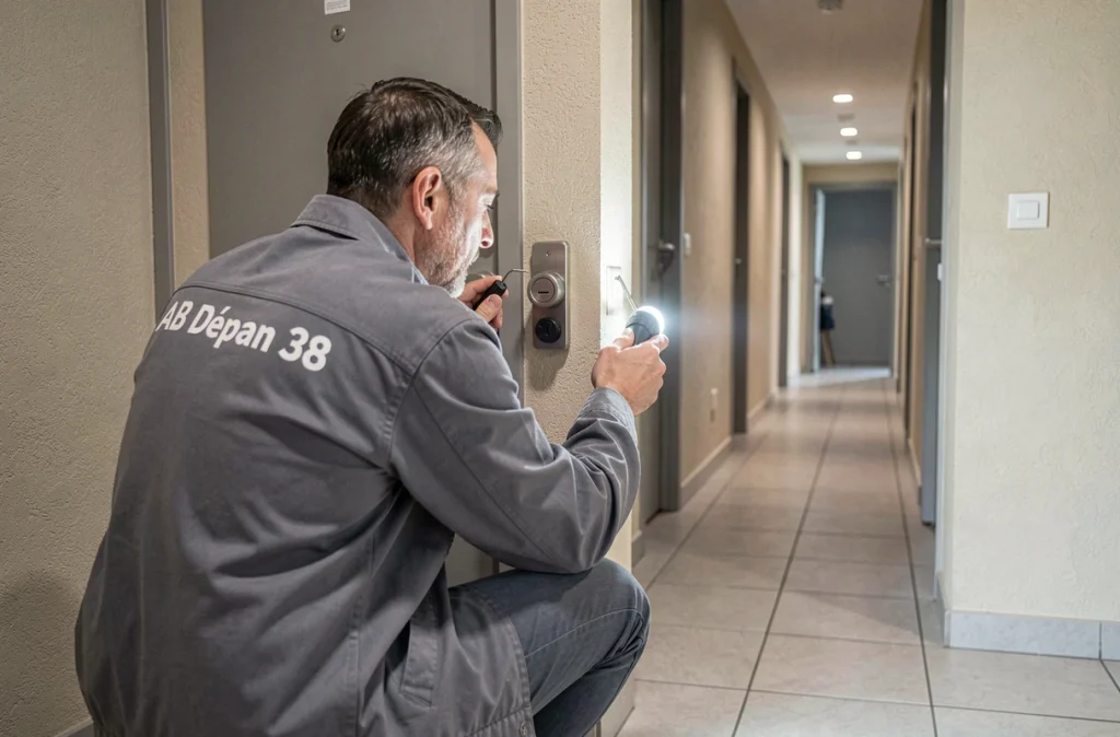 Technicien d'AB Dépan 38 inspectant un cylindre de serrure devant une porte d'appartement en Isère