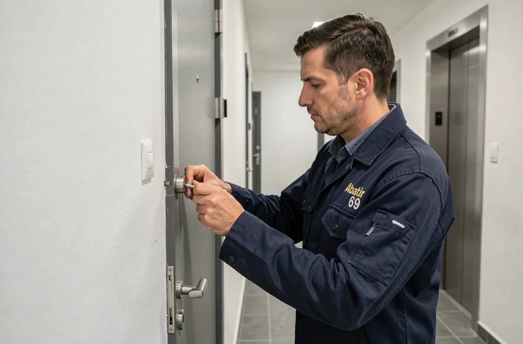 Technicien d'Abatir 69 remplaçant un cylindre de serrure dans un couloir d'immeuble à Lyon