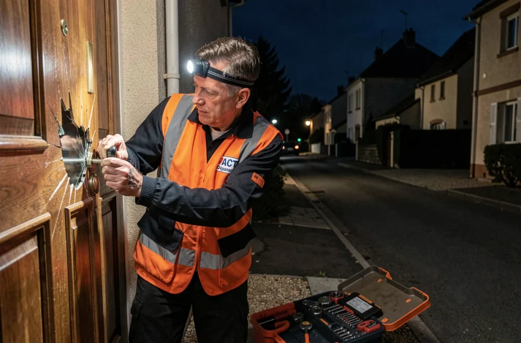 Serrurier ACT Dépannage intervenant en urgence la nuit sur une serrure endommagée devant une maison en Isère