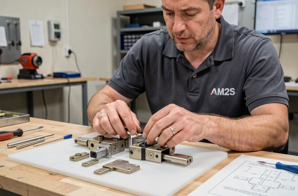 Technicien de L'AM2S inspectant un mécanisme de serrure multipoints dans un atelier professionnel en Isère