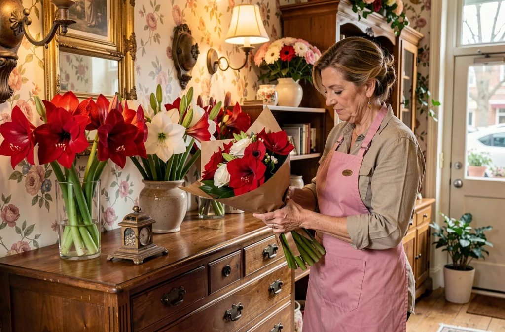Amaryllis Fleurs à Montech avec des fleurs rouges et blanches et une fleuriste emballant un bouquet