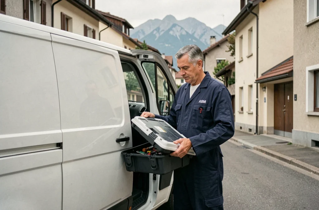 Artisan serrurier Antoine Bouvier ABM chargeant son véhicule d'intervention dans une rue de Grenoble en Isère