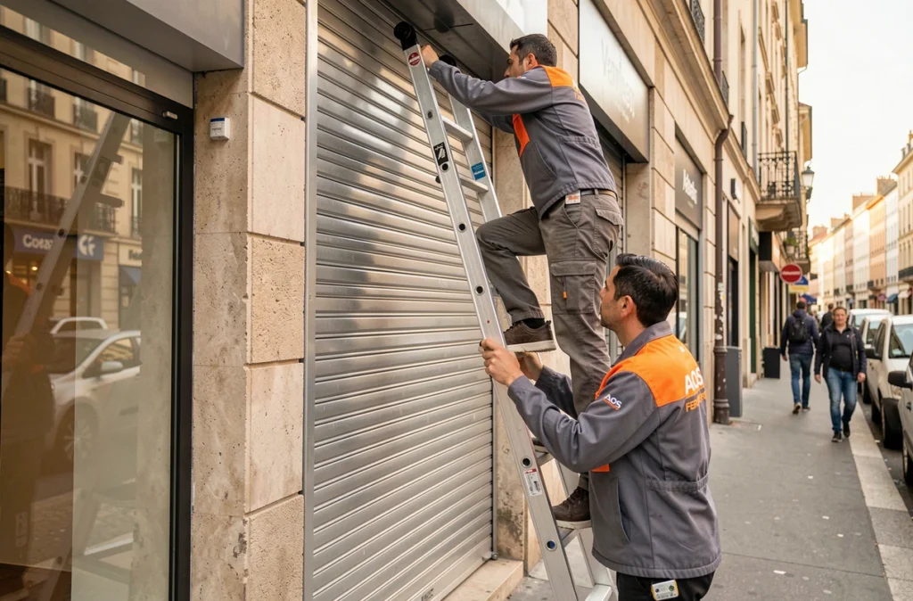 Deux techniciens d'AOS Fermetures Lyon installant un rideau métallique sur la façade d'un commerce lyonnais