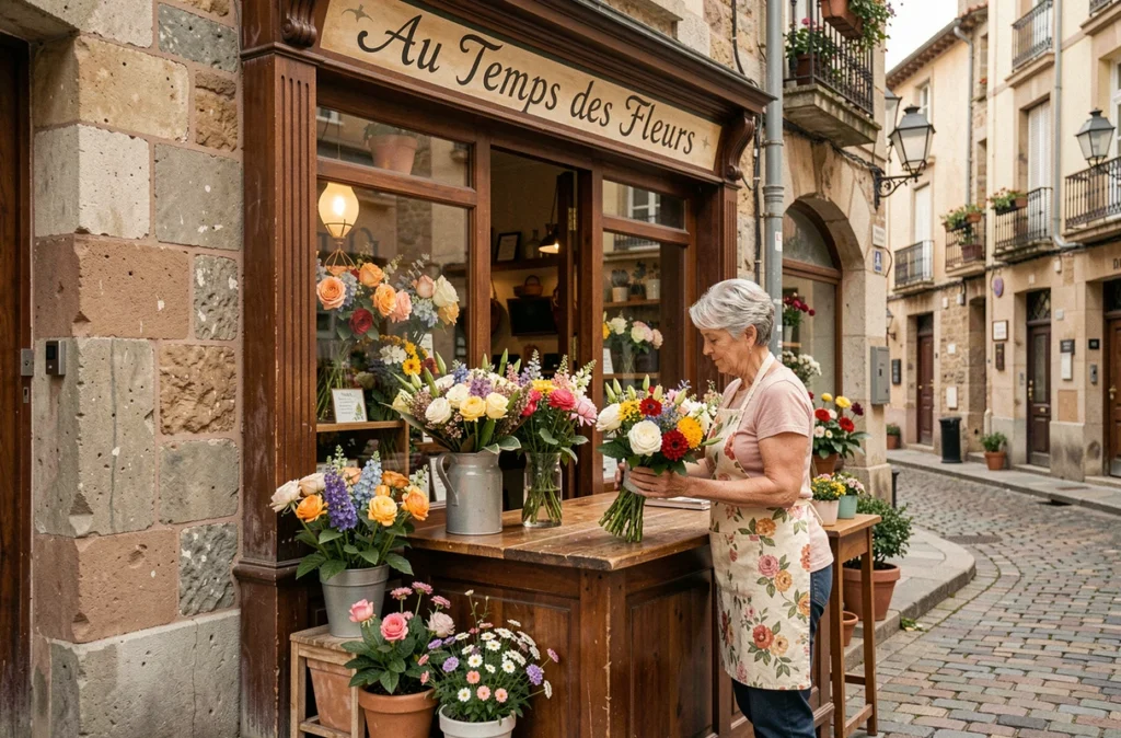 Devanture du fleuriste Au Temps des Fleurs à Montauban avec une fleuriste arrangeant un bouquet coloré