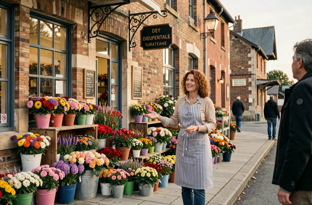 La Boutique de la Gare à Dieupentale avec des seaux de fleurs colorées sur le trottoir et une fleuriste accueillant une cliente