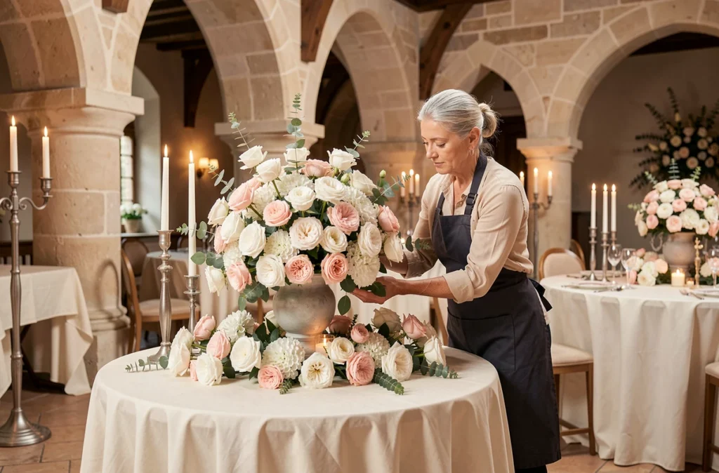 Claudine Fleuriste à Montauban arrangeant une grande décoration florale blanche et rose pour un mariage dans une salle de réception
