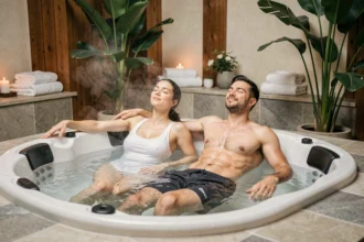 Couple se relaxant dans un spa privatif avec jacuzzi et décor en bois et pierre naturelle