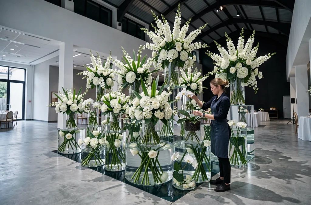 De Fleurs et d'Eau avec une fleuriste créant une installation florale événementielle spectaculaire avec des vases en verre et des fleurs immergées