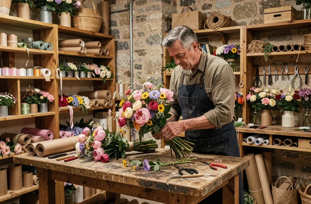 Sarl Désirs de Fleurs à Montauban avec un fleuriste artisan attachant un bouquet de fleurs sauvages et pivoines dans son atelier