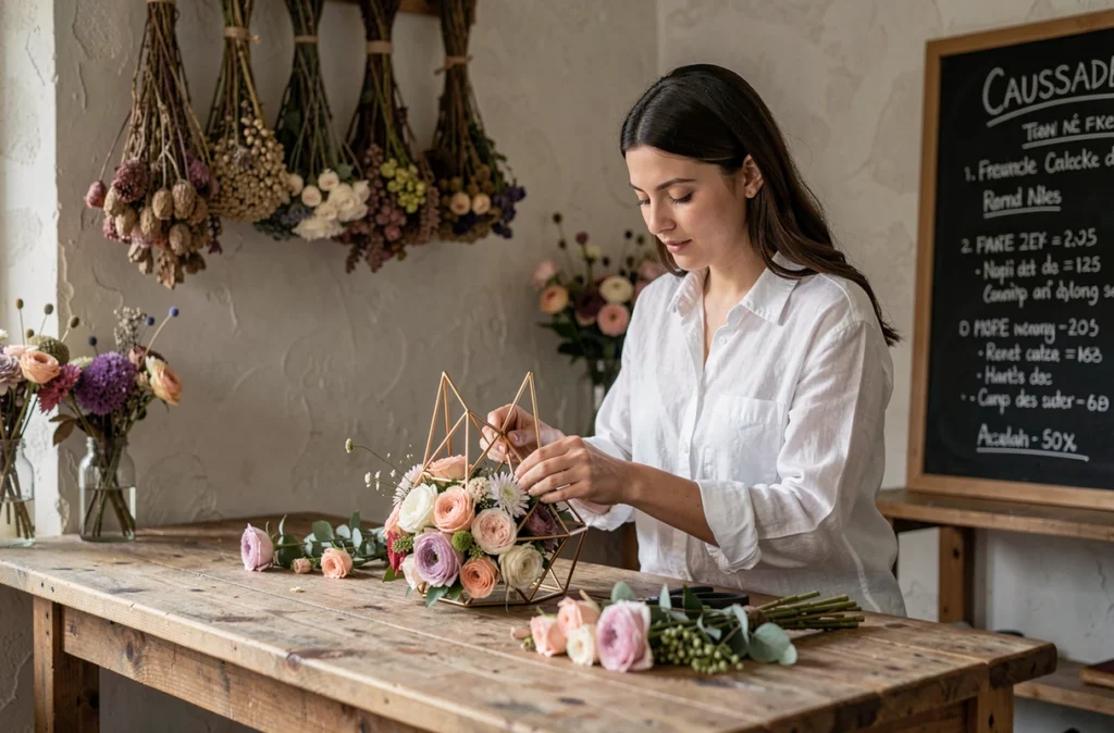 Atelier floral Empreinte Florale à Caussade avec une artisane créant une composition florale géométrique