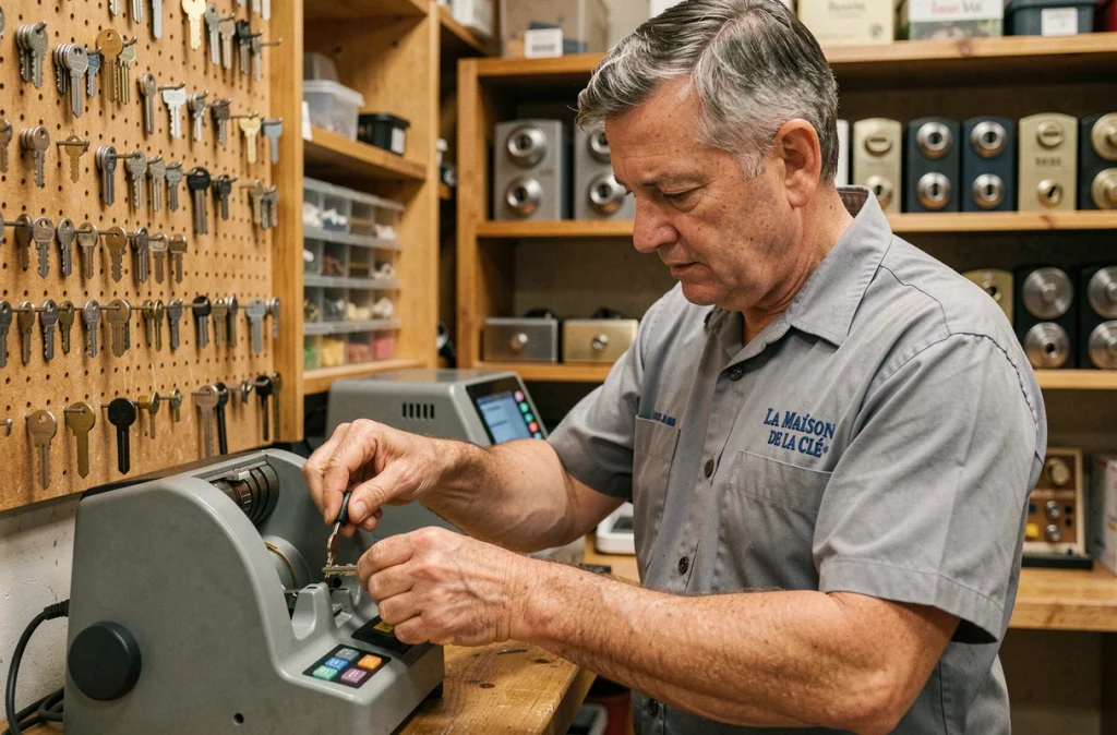 Serrurier de La Maison de la Clé en train de dupliquer une clé sur une machine professionnelle dans sa boutique