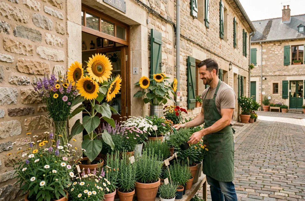 Boutique Le Tournesol à Saint-Nauphary avec des tournesols et des fleurs sauvages à l'entrée et un fleuriste souriant