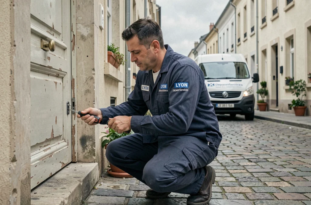 Serrurier de Lyon Dépann'Services intervenant sur une porte endommagée dans une rue résidentielle lyonnaise