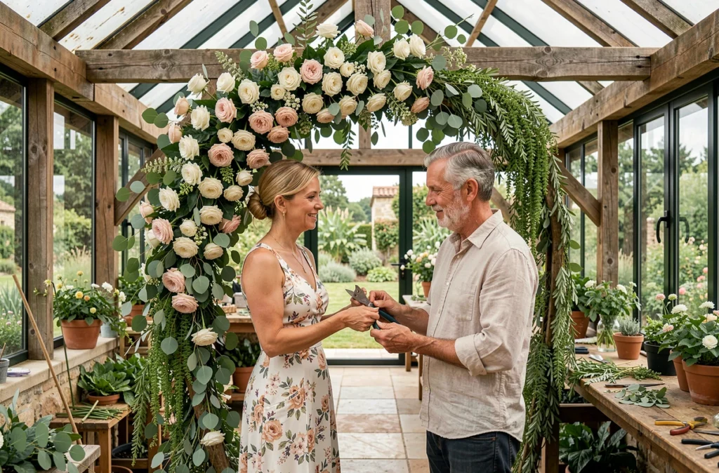 Madame Fleur et Monsieur Graine en Tarn-et-Garonne, un duo créant un arche de mariage fleurie avec des roses et des feuillages