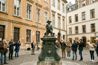 Le Manneken Pis en costume traditionnel sur son piédestal baroque au cœur de Bruxelles, entouré de touristes sur les pavés