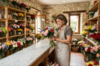 Intérieur d'une boutique de fleuriste en Tarn-et-Garonne avec des bouquets colorés et une fleuriste qui arrange des fleurs