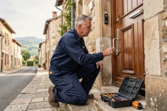 Un serrurier professionnel en uniforme travaillant sur une porte résidentielle en Isère, illustrant le classement des meilleurs serruriers de la région