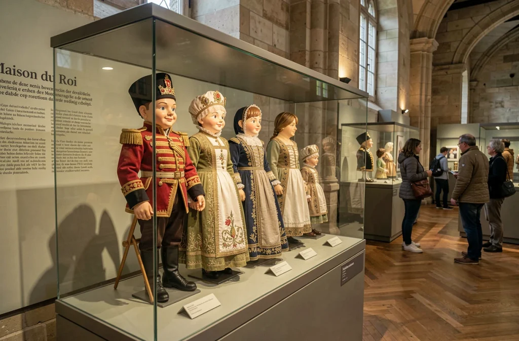 Costumes officiels du Manneken Pis exposés dans une vitrine au Musée de la Ville de Bruxelles, visiteurs en arrière-plan