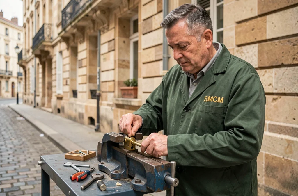 Serrurier SMCM en train de recoder un cylindre de serrure sur un établi mobile devant un bâtiment en pierre en Isère