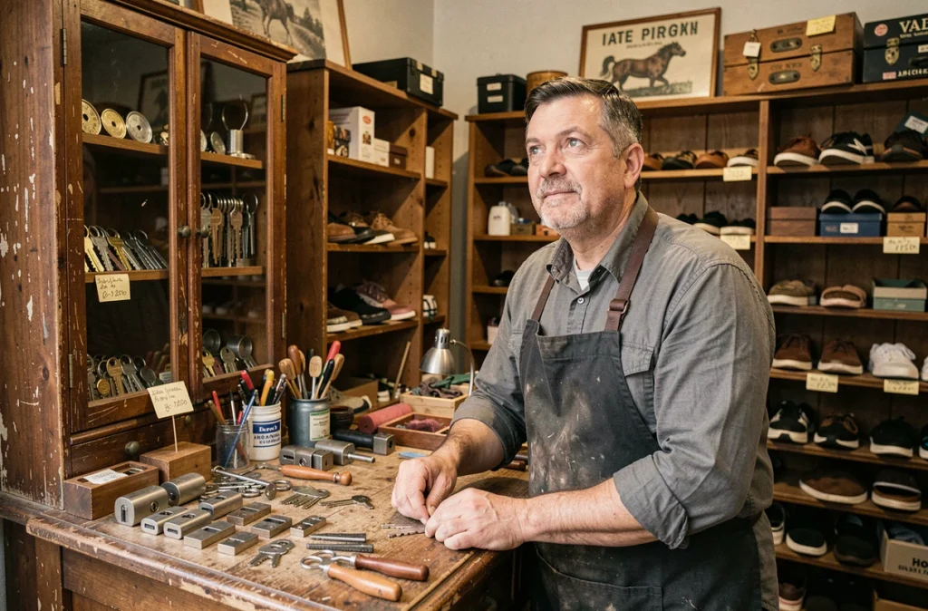Artisan serrurier-cordonnier derrière son comptoir dans la boutique Valmy de la Grande Rue de Vaise à Lyon