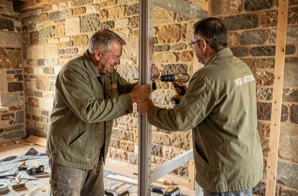 Deux artisans de VSV Artisans installant un cadre de porte renforcée dans une maison en pierre en Isère