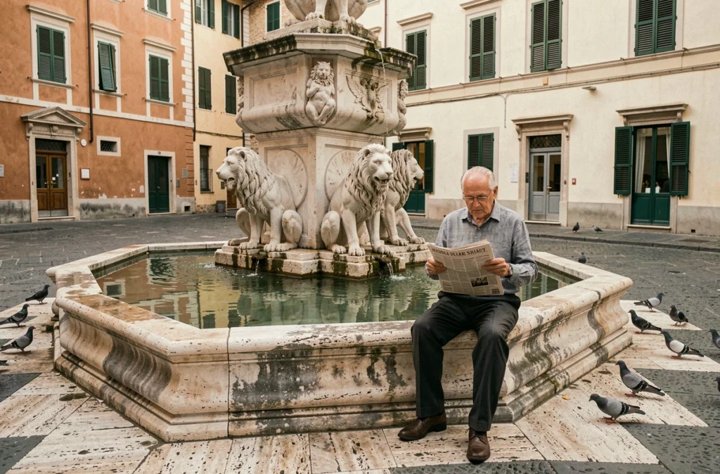 Place centrale d'une ville italienne avec fontaine en pierre Renaissance et habitant lisant un journal, illustration parfaite des villes italiennes à 6 lettres pour mots fléchés