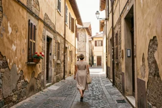 Ruelle pavée typique d'une ville italienne historique avec maisons en pierre ocre et volets en bois, évoquant les mots croisés sur les villes italiennes à 6 lettres